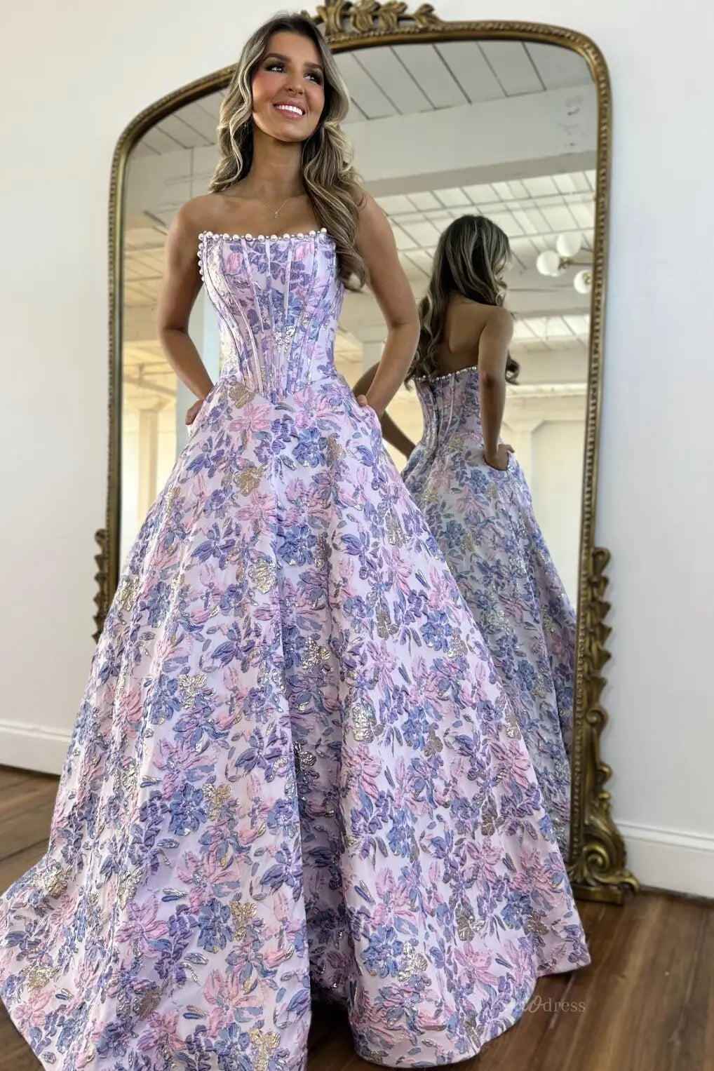 Lavender Floral Jacquard Prom Dresses with Strapless Corset Bodice JC015-prom dresses 2026-Viniodress-Lavender-Custom Size – Add Measurements in Cart-