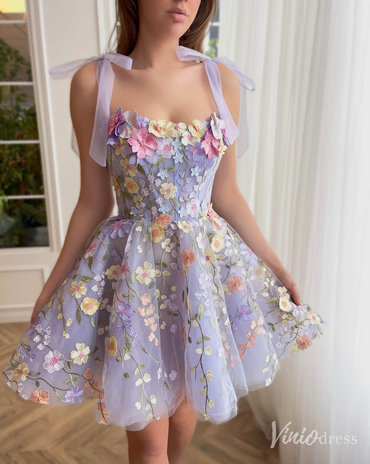 Lavender Floral Lace Homecoming Dresses Bow-Tie Strap Short Prom Dress TO006-prom dresses-Viniodress-Lavender-Custom Size-Viniodress