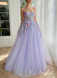 Lavender Floral Lace Prom Dresses Strapless Formal Dress TO010-prom dresses-Viniodress-Viniodress