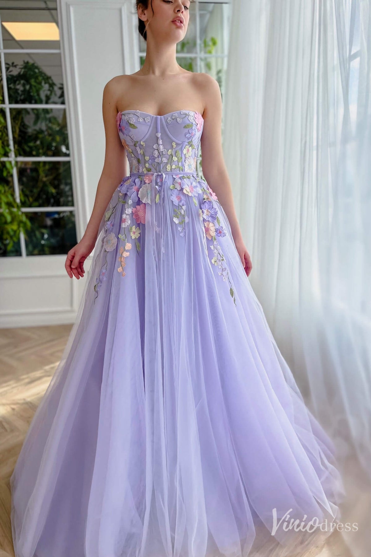 Lavender Floral Lace Prom Dresses Strapless Formal Dress TO010-prom dresses-Viniodress-Lavender-Custom Size-Viniodress