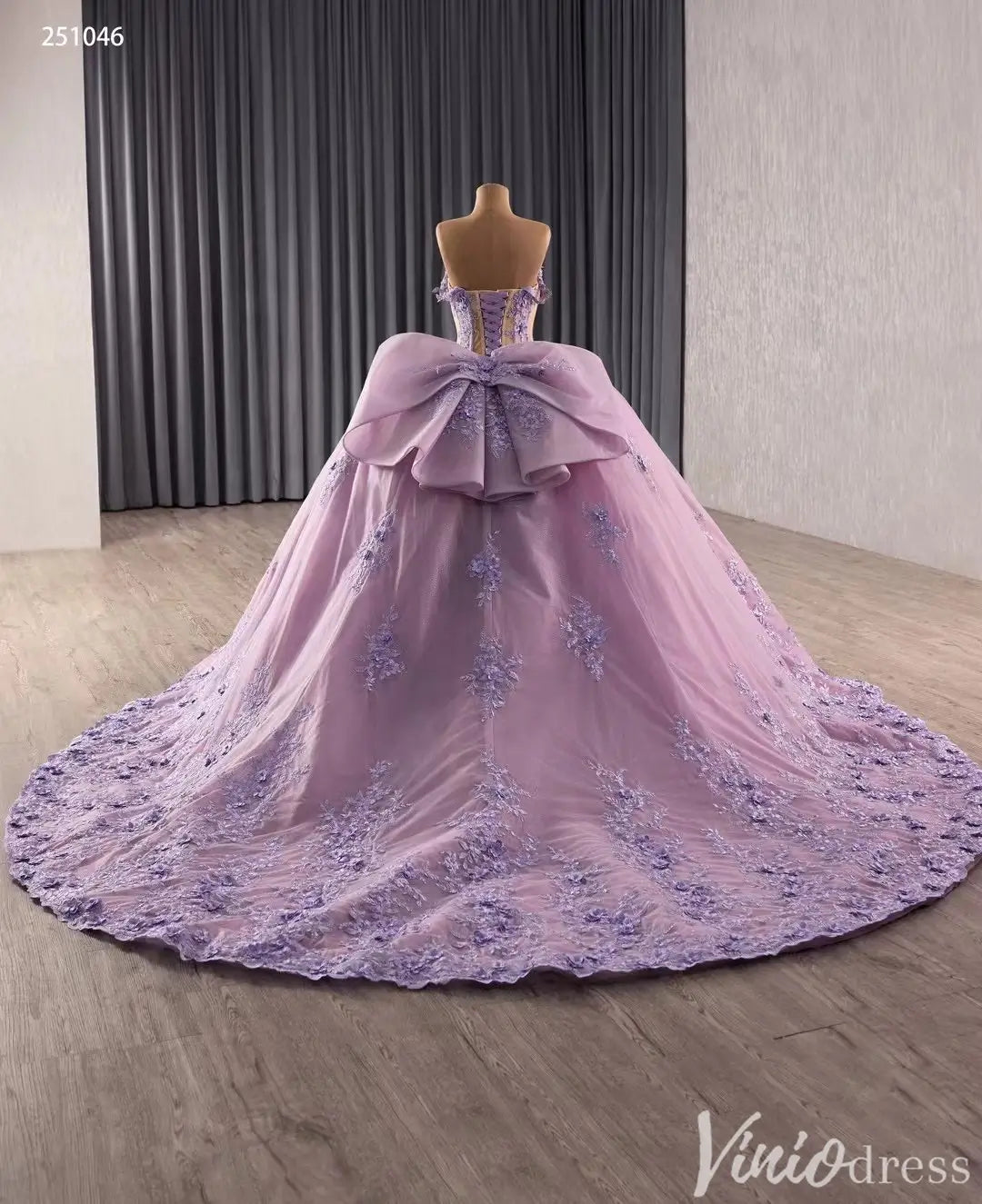 Lavender Floral Lace Quinceañera Dress with Corset Bodice and Chapel Train – Style 251046-Quinceanera Dresses 2025 -Viniodress-Lavender-Custom Size-