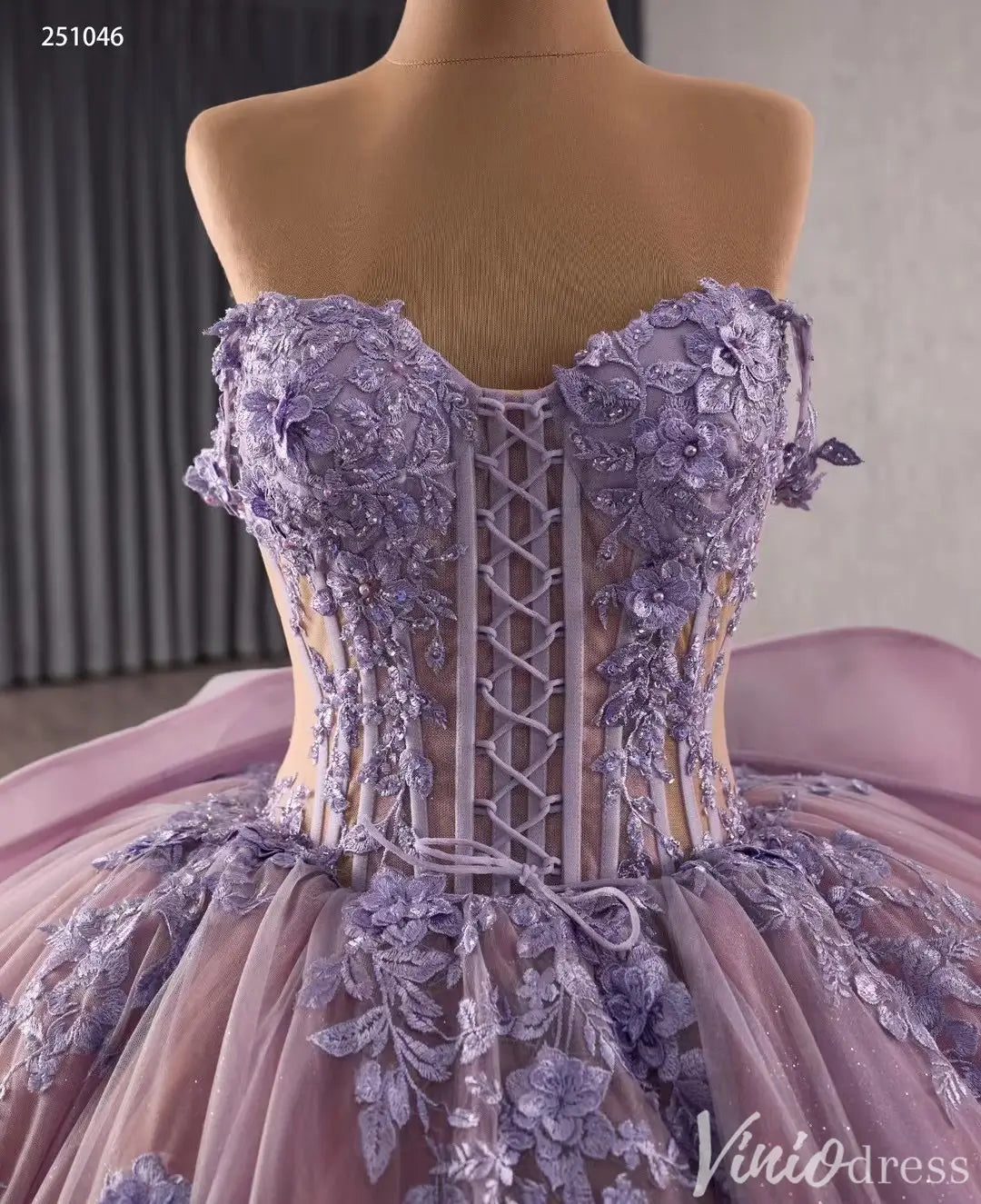 Lavender Floral Lace Quinceañera Dress with Corset Bodice and Chapel Train – Style 251046-Quinceanera Dresses 2025 -Viniodress-Lavender-Custom Size-