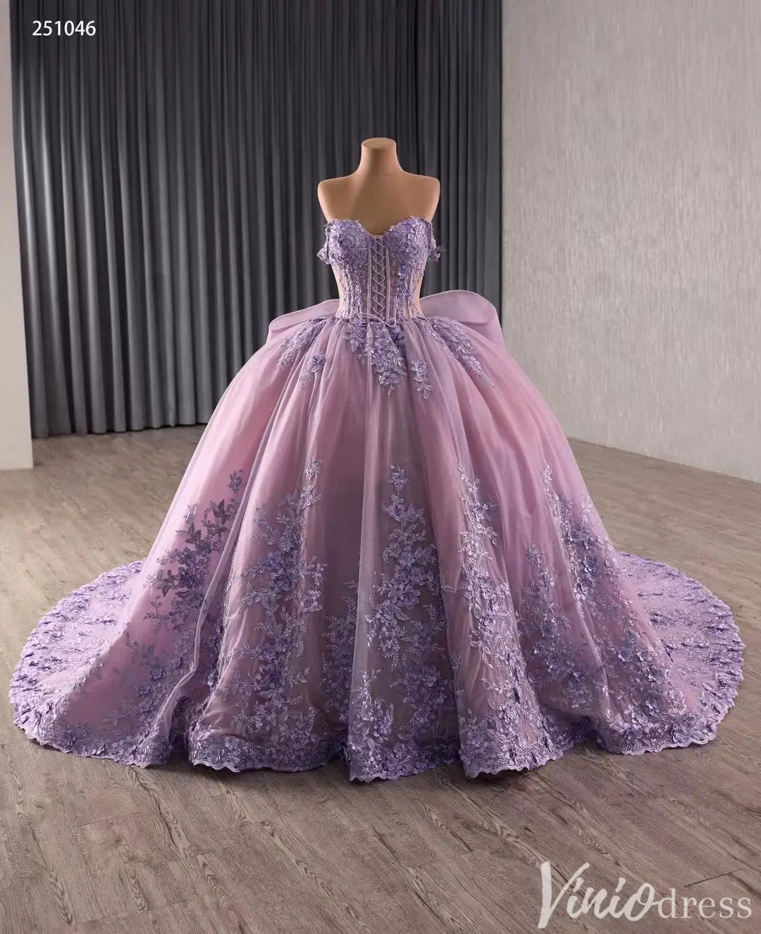 Lavender Floral Lace Quinceañera Dress with Corset Bodice and Chapel Train – Style 251046-Quinceanera Dresses 2025 -Viniodress-Lavender-Custom Size-