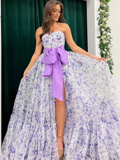 Lavender Floral Print Tulle Prom Dresses 2025 Strapless Bow Formal Gown with Slit - FD5304-prom dresses 2025 -Viniodress-Lavender-Custom Size-