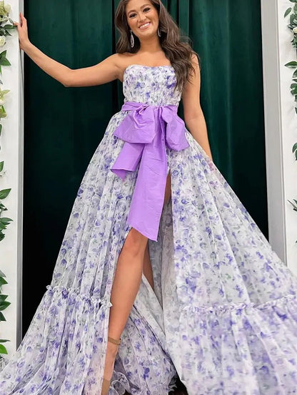 Lavender Floral Print Tulle Prom Dresses 2025 Strapless Bow Formal Gown with Slit - FD5304-prom dresses 2025 -Viniodress-Lavender-Custom Size-
