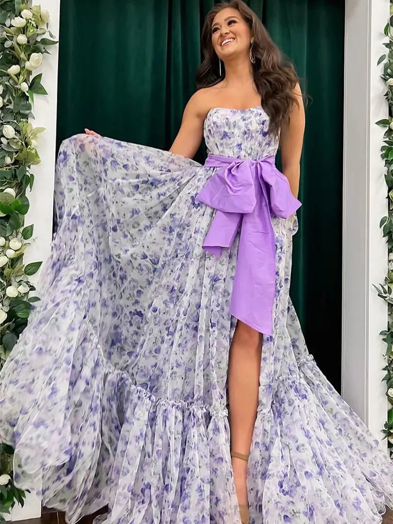 Lavender Floral Print Tulle Prom Dresses 2025 Strapless Bow Formal Gown with Slit - FD5304-prom dresses 2025 -Viniodress-Lavender-Custom Size-