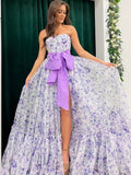 prom dresses 2025 Lavender Floral Print Tulle Prom Dresses 2025 Strapless Bow Formal Gown with Slit - FD5304-plus size wedding dresses Viniodress-Lavender-Custom Size-