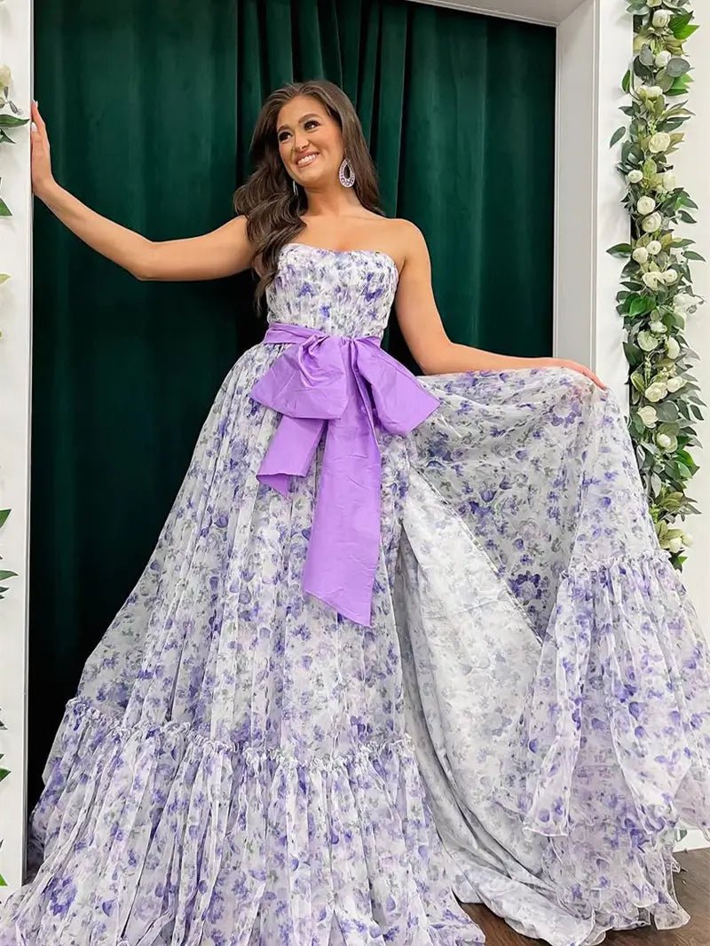 Lavender Floral Print Tulle Prom Dresses 2025 Strapless Bow Formal Gown with Slit - FD5304 - Viniodressprom dressesLavenderCustom Size - Formal Dresses - Ball Gowns