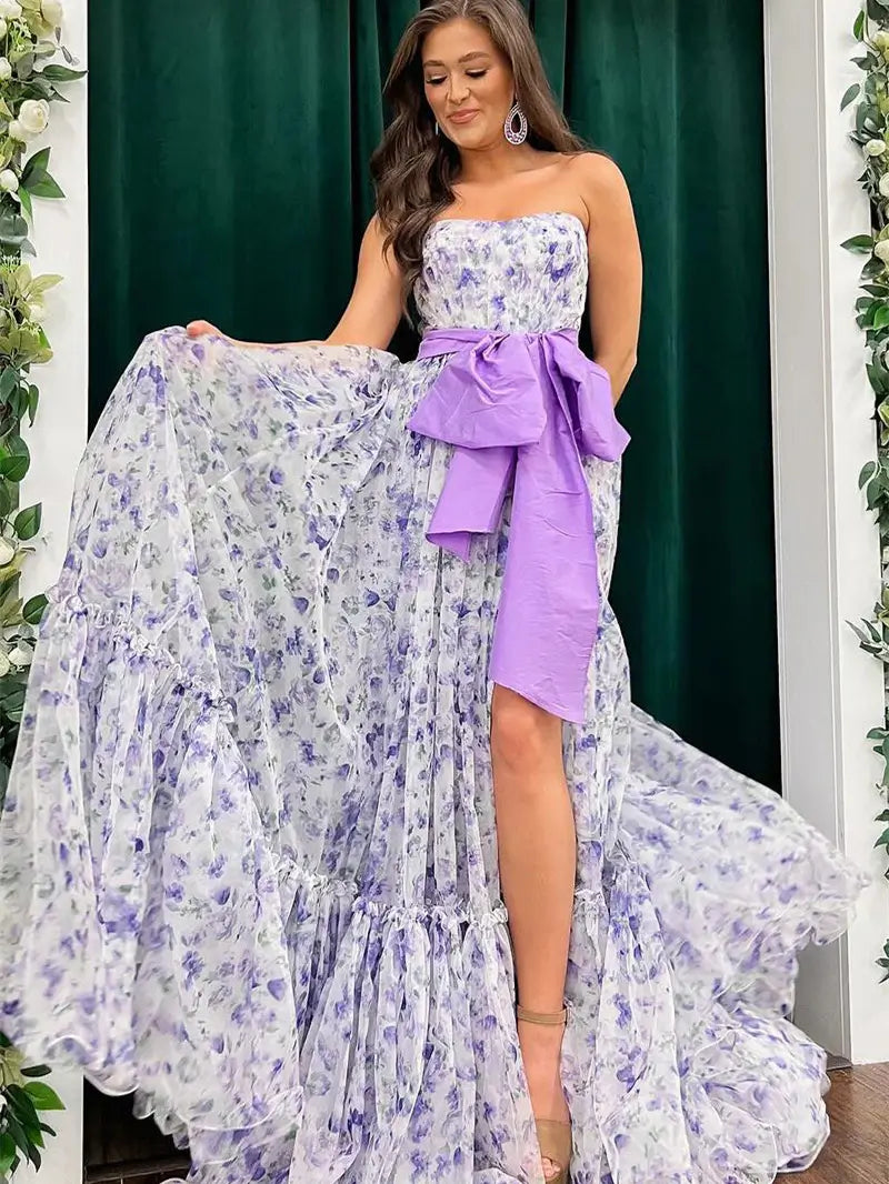 prom dresses 2025 Lavender Floral Print Tulle Prom Dresses 2025 Strapless Bow Formal Gown with Slit - FD5304-plus size wedding dresses Viniodress-Lavender-Custom Size-