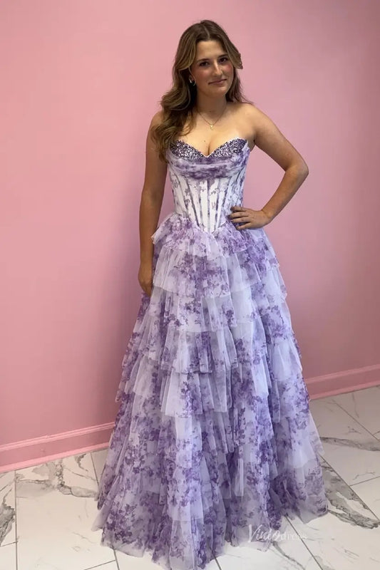 Lavender Floral Prom Dress with Beaded Sweetheart Neckline & Tiered Ruffle Tulle Skirt – RF067-Prom Dresses 2026-Viniodress-Lavender-Custom Size-