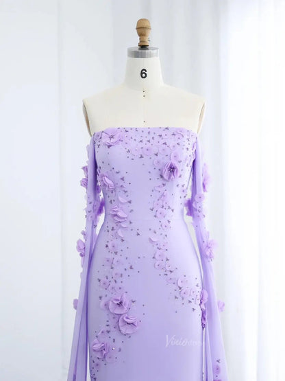Lavender Floral Prom Dresses Cape Sleeve Beaded Formal Dresses BD007-Evening Dresses 2025 -Viniodress-Lavender-US 2-