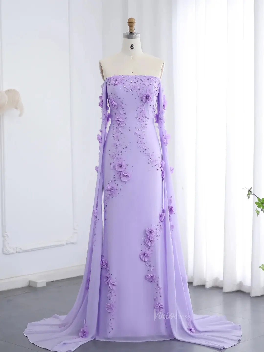 Lavender Floral Prom Dresses Cape Sleeve Beaded Formal Dresses BD007-Evening Dresses 2025 -Viniodress-Lavender-US 2-