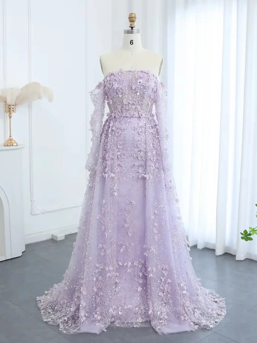 Lavender Floral Prom Dresses Overskirt Formal Dresses Off the Shoulder Long Sleeve BD039-Evening Dresses 2025 -Viniodress-Lavender-US 2-