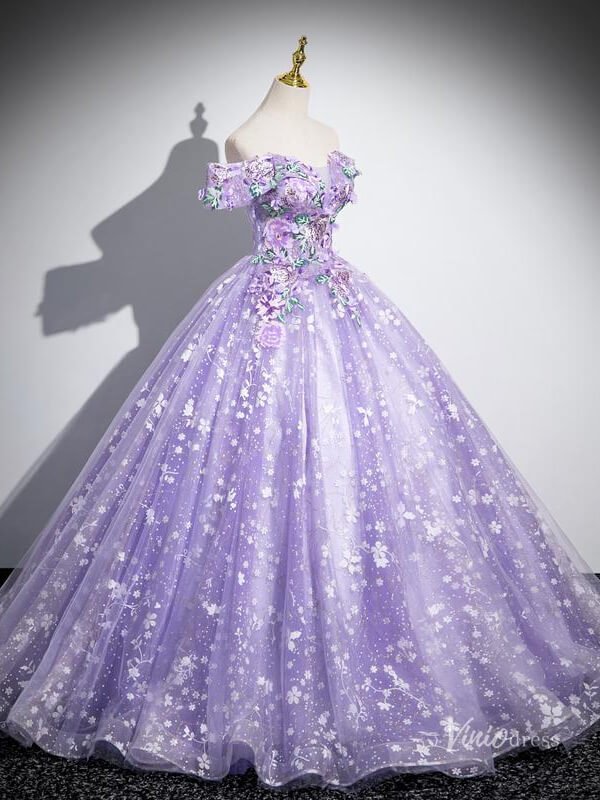 Lavender Floral Prom Dresses Sparkly Off the Shoulder Quinceanera Dresses BG038-prom dresses 2025 -Viniodress-Lavender-Custom Size-