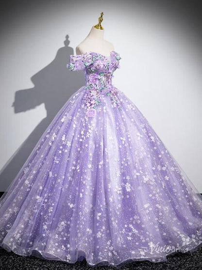 Lavender Floral Prom Dresses Sparkly Off the Shoulder Quinceanera Dresses BG038-prom dresses 2025 -Viniodress-Lavender-Custom Size-