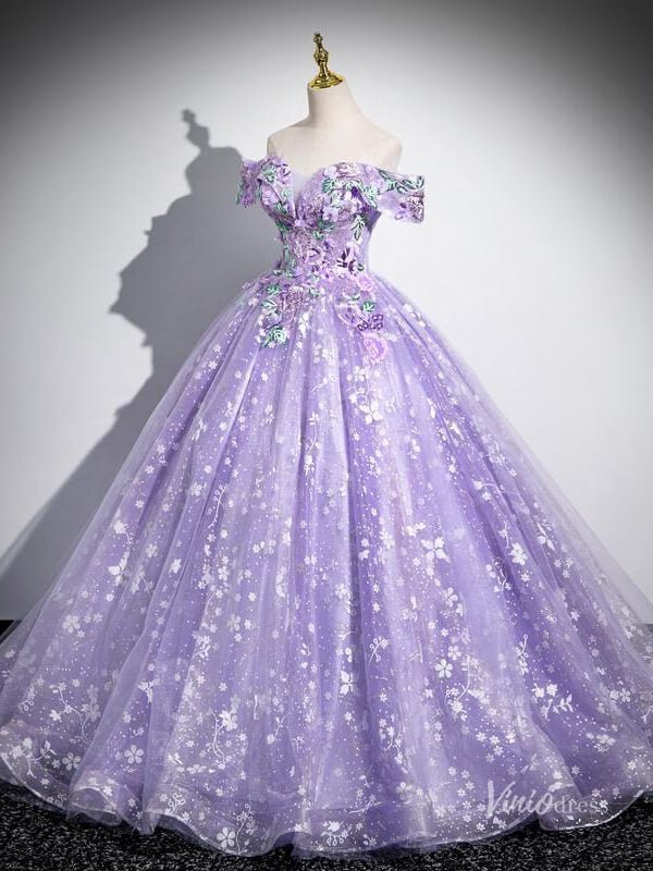 Lavender Floral Prom Dresses Sparkly Off the Shoulder Quinceanera Dresses BG038-prom dresses 2025 -Viniodress-Lavender-Custom Size-
