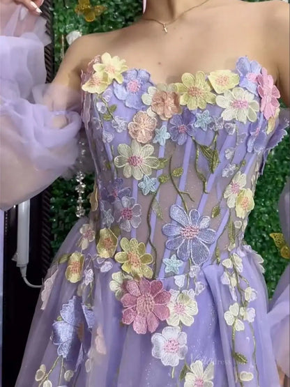 Lavender Floral Sparkly Tulle Prom Dresses 2025 Removable Long Sleeve Formal Gown with Slit - FD5321-prom dresses 2025 -Viniodress-Lavender-Custom Size-