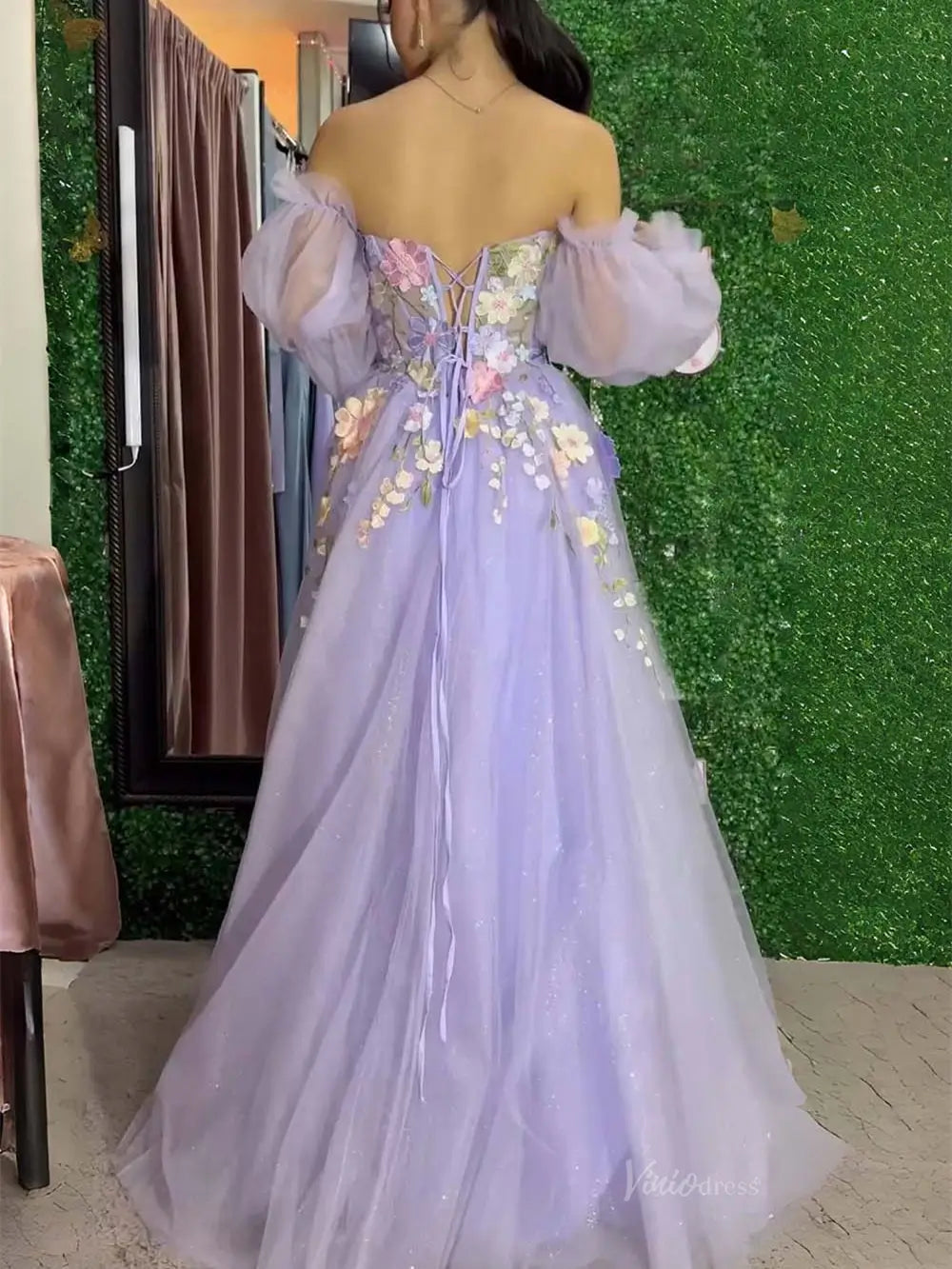 prom dresses 2025 Lavender Floral Sparkly Tulle Prom Dresses 2025 Removable Long Sleeve Formal Gown with Slit - FD5321-plus size wedding dresses Viniodress-Lavender-Custom Size-