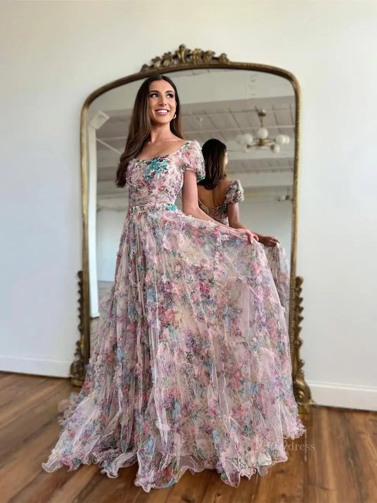 Lavender Floral Tulle Ruffled Prom Dresses 2025 Short Sleeve Square Neck Formal Gown - FD5306-prom dresses 2025 -Viniodress-Lavender-Custom Size-