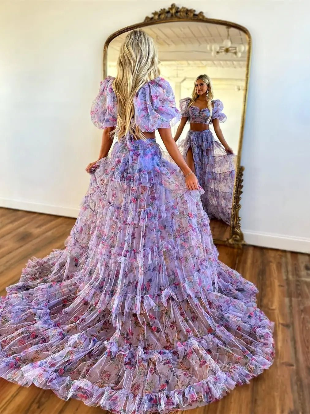 Lavender Floral Tulle Two Piece Prom Dresses 2025 Puffed Sleeve Formal Gown with Slit - FD5305-prom dresses 2025 -Viniodress-Lavender-Custom Size-