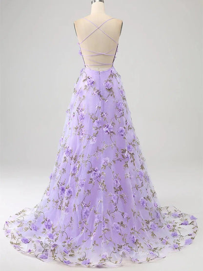 Lavender Flower Blossom Prom Dresses Spaghetti Strap Floral Formal Dresses FD3805-prom dresses 2025 -Viniodress-Lavender-Custom Size-