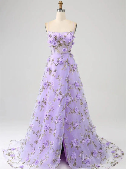 Lavender Flower Blossom Prom Dresses Spaghetti Strap Floral Formal Dresses FD3805-prom dresses 2025 -Viniodress-Lavender-Custom Size-