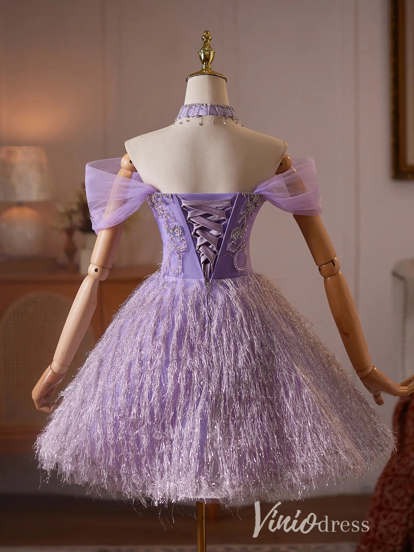 Lavender Glitter Fringe Hoco Dress with Beaded Bodice Viniodress Lavender Glitter Fringe Hoco Dress with Beaded Bodice Viniodress