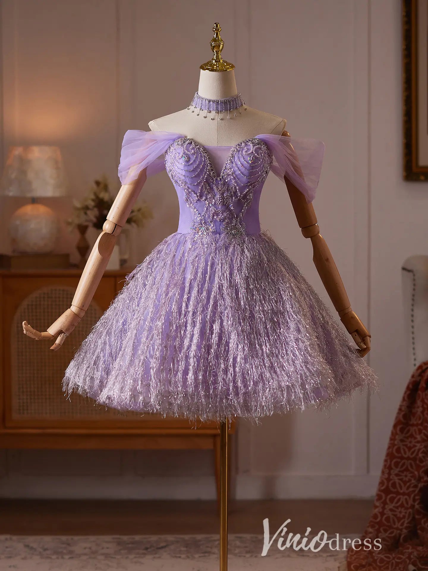 Lavender Glitter Fringe Hoco Dress with Beaded Bodice Viniodress Lavender Glitter Fringe Hoco Dress with Beaded Bodice Viniodress
