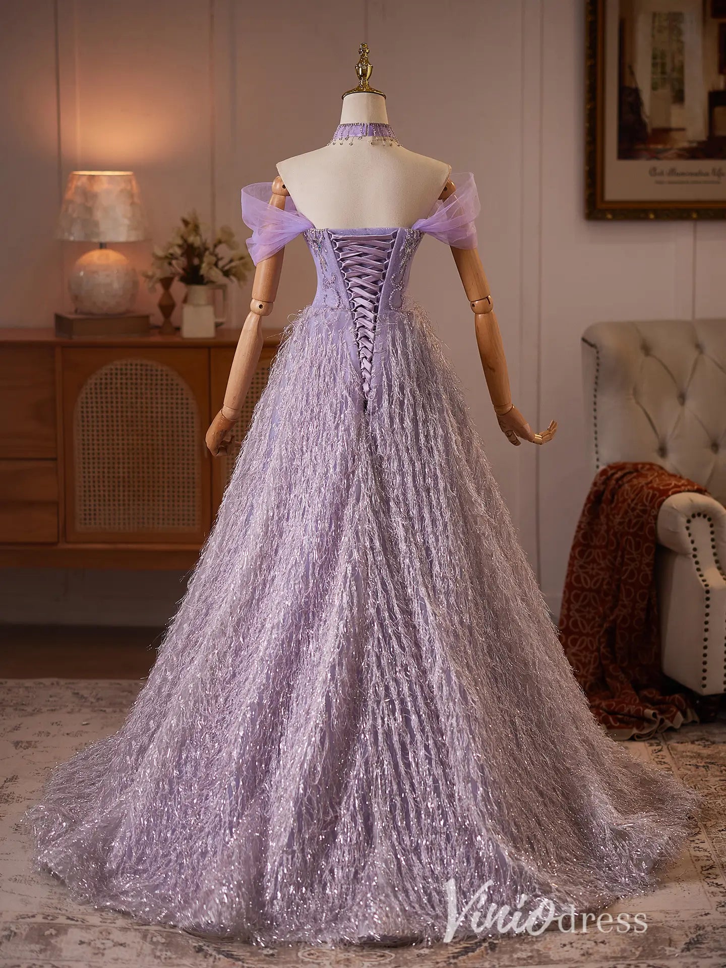 Lavender Glitter Tassel Formal Dress with Beaded Bodice Viniodress Lavender Glitter Tassel Formal Dress with Beaded Bodice Viniodress