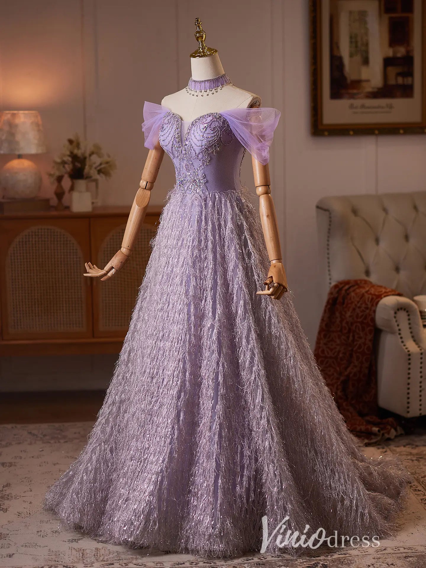 strapless open back dress Lavender Glitter Tassel Formal Dress with Beaded Bodice – Viniodress