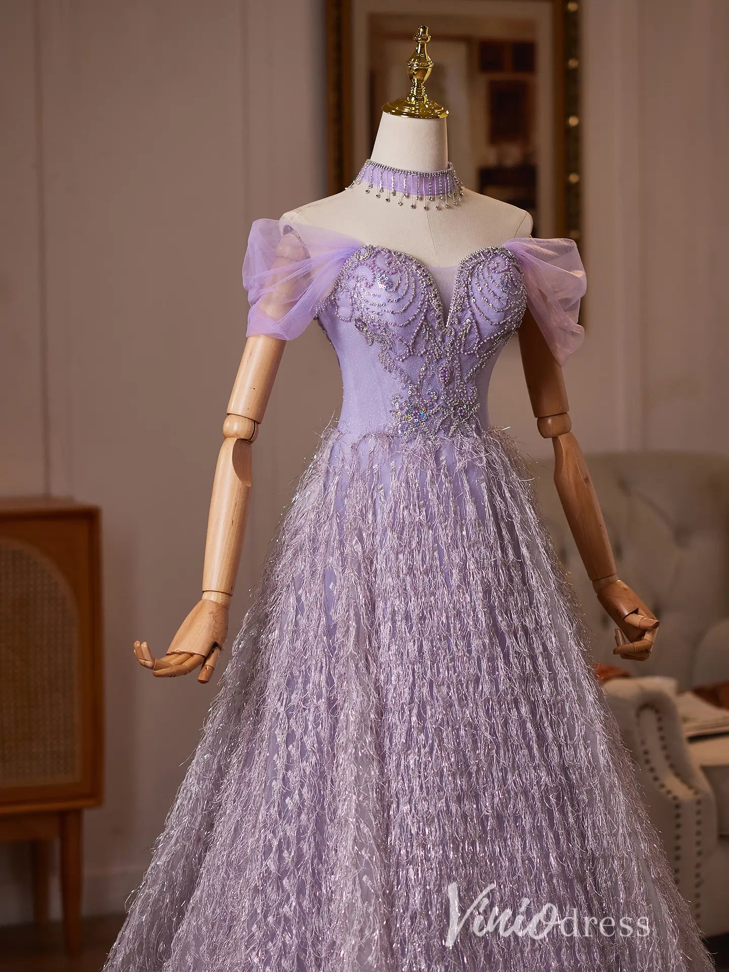 Lavender Glitter Tassel Formal Dress with Beaded Bodice & Off Shoulder Sleeves - BJ119-formal dresses 2026-Viniodress-Lavender-US 0-