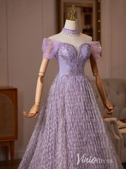 Lavender Glitter Tassel Formal Dress with Beaded Bodice & Off Shoulder Sleeves - BJ119-formal dresses 2026-Viniodress-Lavender-US 0-