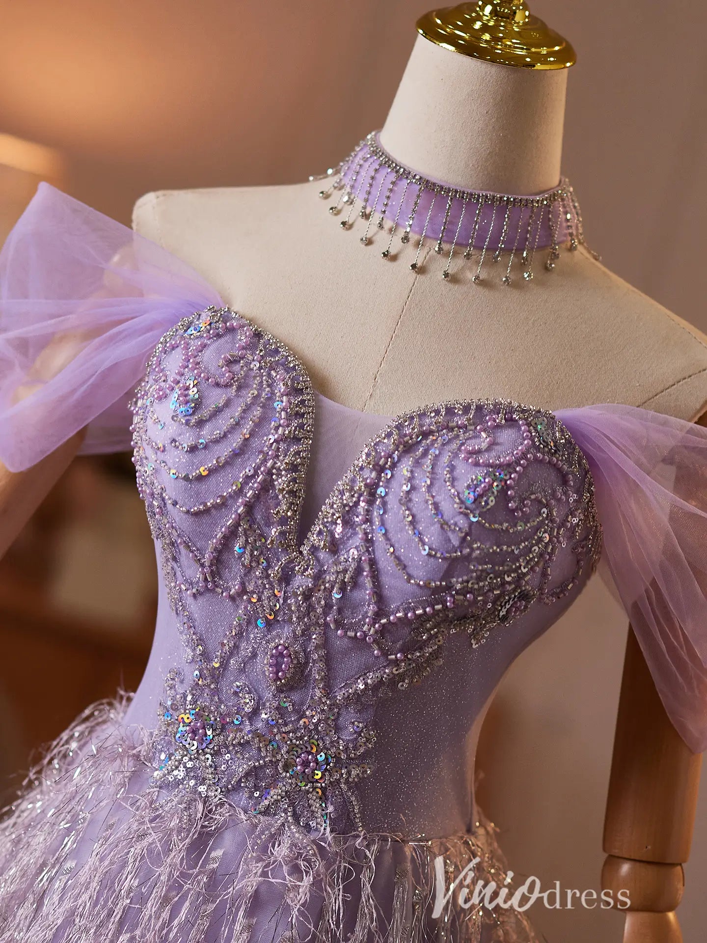 Lavender Glitter Tassel Formal Dress with Beaded Bodice – Viniodress