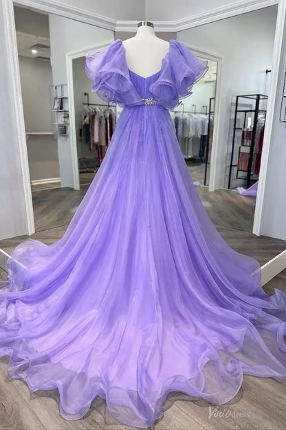 Lavender High-Low Organza Pageant Gown with Puff Sleeve, Crystal Waist & Layered Train – PG017-Pageant Dress 2026-Viniodress-Lavender-Custom Size-