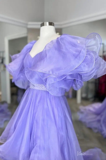 Lavender High-Low Organza Pageant Gown with Puff Sleeve, Crystal Waist & Layered Train – PG017-Pageant Dress 2026-Viniodress-Lavender-Custom Size-