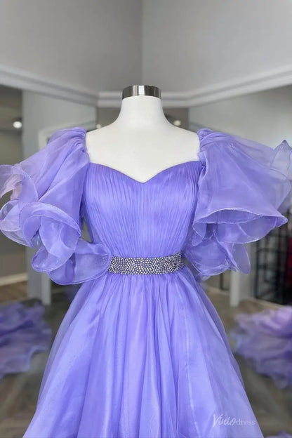 Lavender High-Low Organza Pageant Gown with Puff Sleeve, Crystal Waist & Layered Train – PG017-Pageant Dress 2026-Viniodress-Lavender-Custom Size-