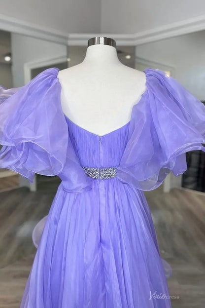 Lavender High-Low Organza Pageant Gown with Puff Sleeve, Crystal Waist & Layered Train – PG017-Pageant Dress 2026-Viniodress-Lavender-Custom Size-