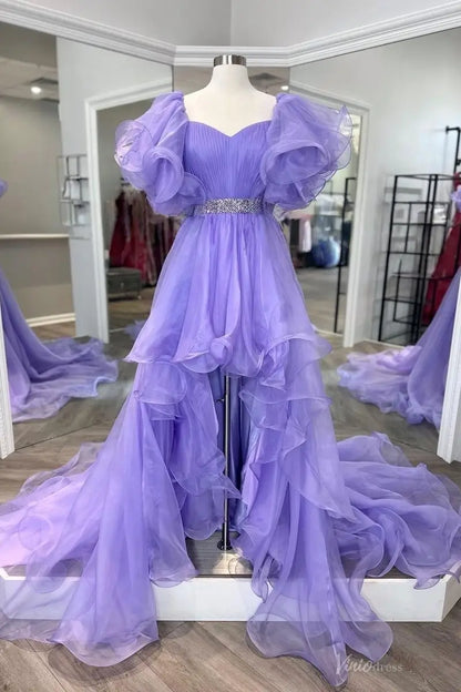 Lavender High-Low Organza Pageant Gown with Puff Sleeve, Crystal Waist & Layered Train – PG017