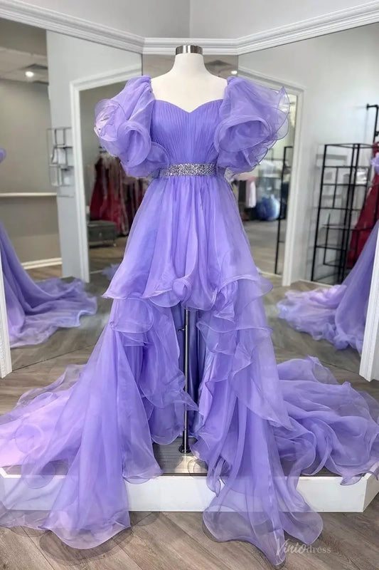 Lavender High-Low Organza Pageant Gown with Puff Sleeve, Crystal Waist & Layered Train – PG017