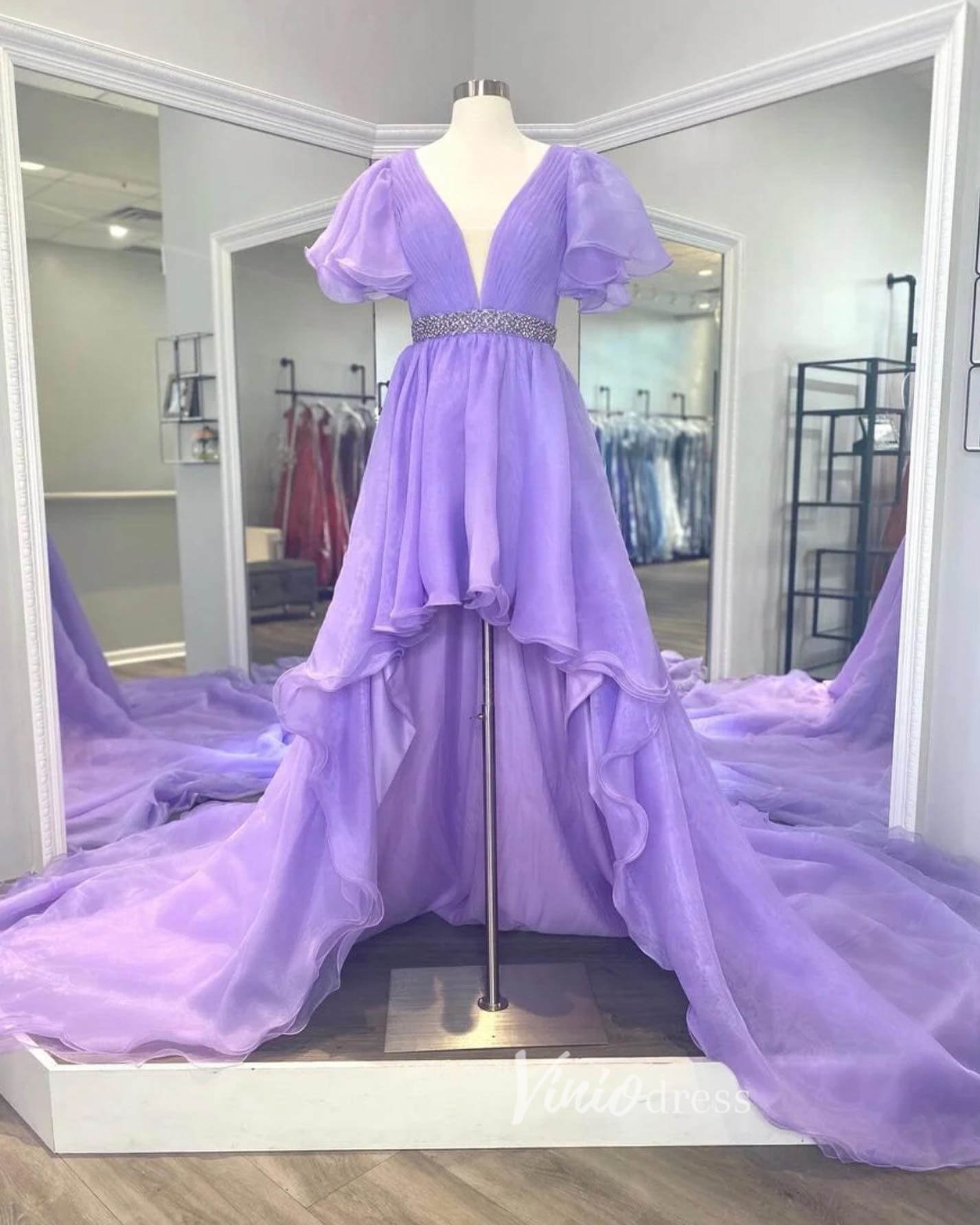 Prom Dress 2025 Lavender High-Low Prom Dresses Puffed Sleeve Plunging V-Neck Evening Dress FD3137-unique prom dresses-Lavender-Custom Size-Viniodress