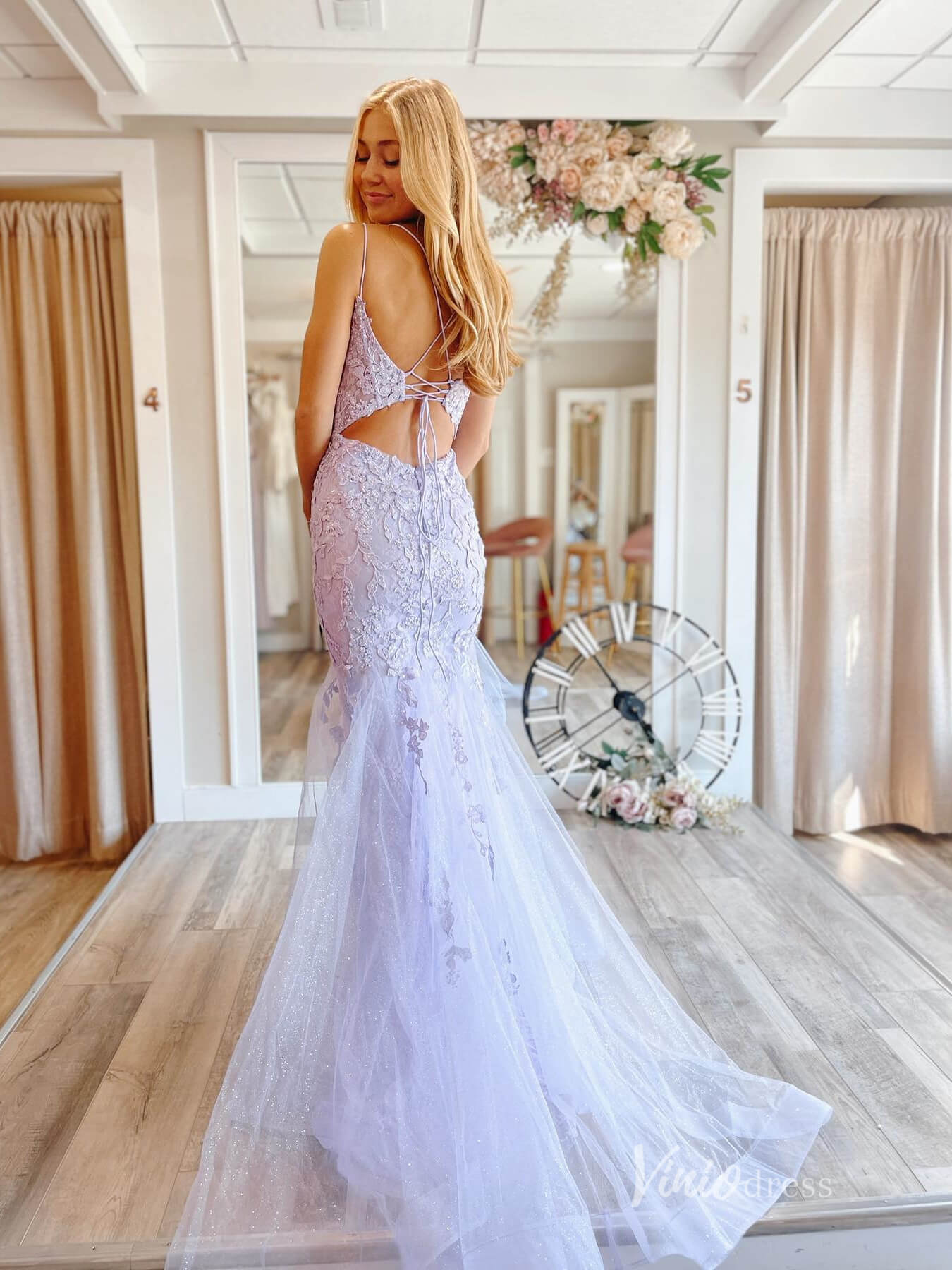 Lavender Lace Applique Mermaid Prom Dresses Spaghetti Strap Evening Dress FD2683-prom dresses 2025 -Viniodress-Lavender-Custom Size-