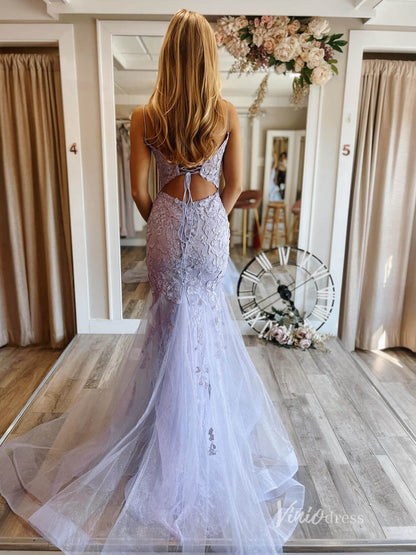 Lavender Lace Applique Mermaid Prom Dresses Spaghetti Strap Evening Dress FD2683-prom dresses 2025 -Viniodress-Lavender-Custom Size-