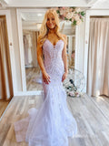 Lavender Lace Applique Mermaid Prom Dresses Spaghetti Strap Evening Dress FD2683