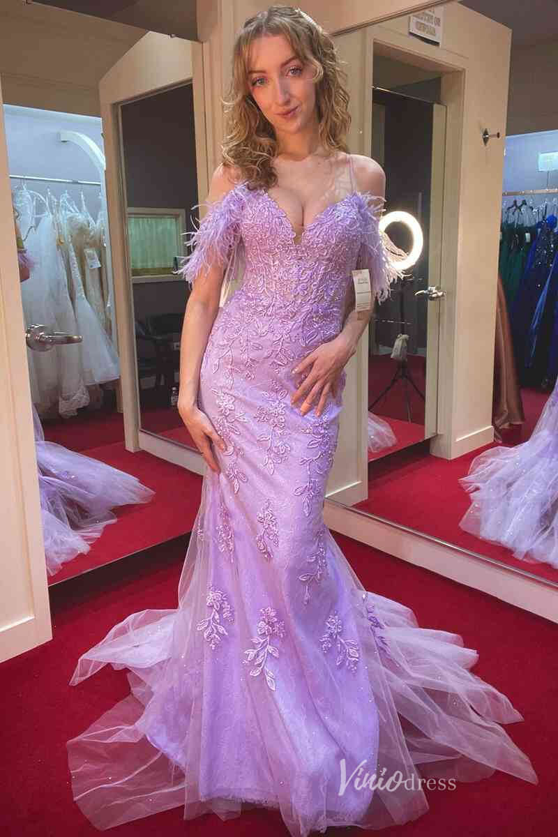 Lavender Lace Applique Mermaid Prom Dresses Spaghetti Strap Feather FD4098-prom dresses 2025 -Viniodress-Lavender-Custom Size-