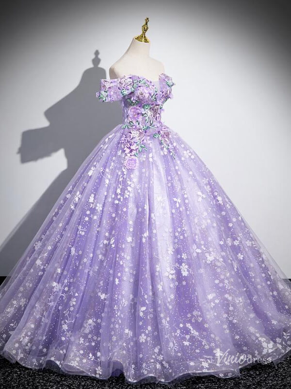 Prom Dress 2025 Lavender Lace Applique Prom Ball Gown Sparkly Off the Shoulder Quinceanera Dresses BG038-unique prom dresses-Lavender-Custom Size-Viniodress