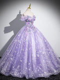 Prom Dress 2025 Lavender Lace Applique Prom Ball Gown Sparkly Off the Shoulder Quinceanera Dresses BG038-unique prom dresses-Lavender-Custom Size-Viniodress