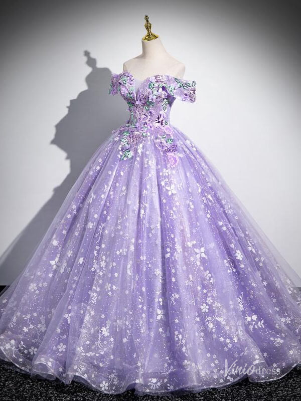 Prom Dress 2025 Lavender Lace Applique Prom Ball Gown Sparkly Off the Shoulder Quinceanera Dresses BG038-unique prom dresses-Lavender-Custom Size-Viniodress