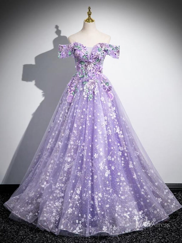 Prom Dress 2025 Lavender Lace Applique Prom Ball Gown Sparkly Off the Shoulder Quinceanera Dresses BG038-unique prom dresses-Lavender-Custom Size-Viniodress