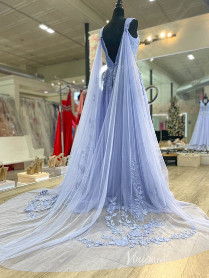 Lavender Lace Applique Prom Dresses Cape Sleeve Plunging V-Neck FD4026-prom dresses 2025 -Viniodress-Lavender-Custom Size-