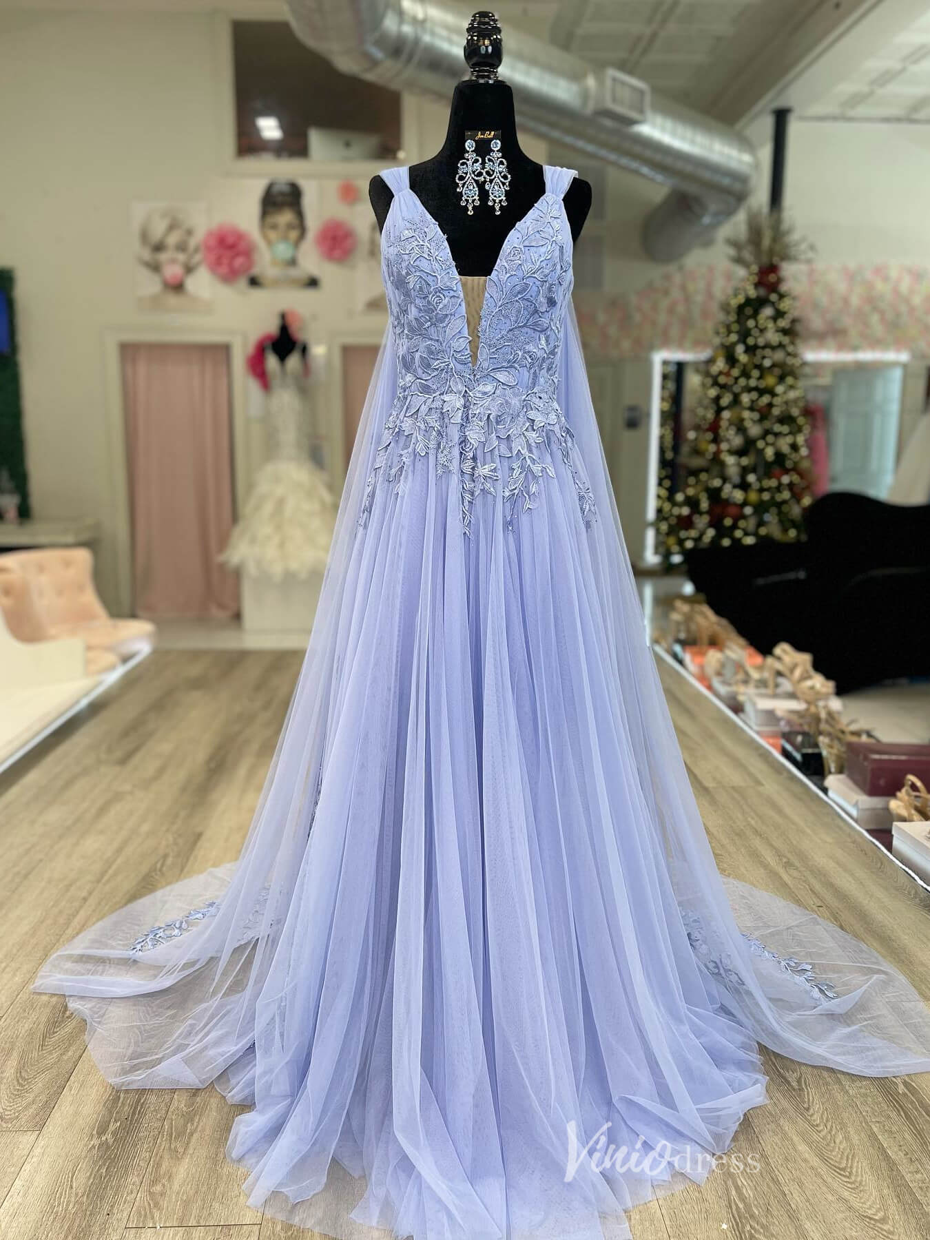 Lavender Lace Applique Prom Dresses Cape Sleeve Plunging V-Neck FD4026-prom dresses 2025 -Viniodress-Lavender-Custom Size-